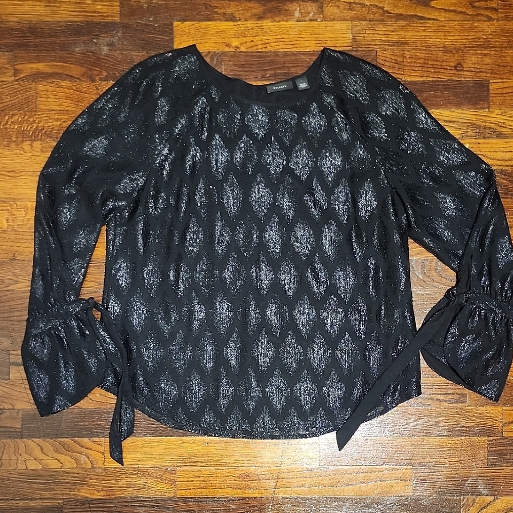 Halogen Black Sparkle Patterned Party Boho Style Blouse with Bell Sleeves Large